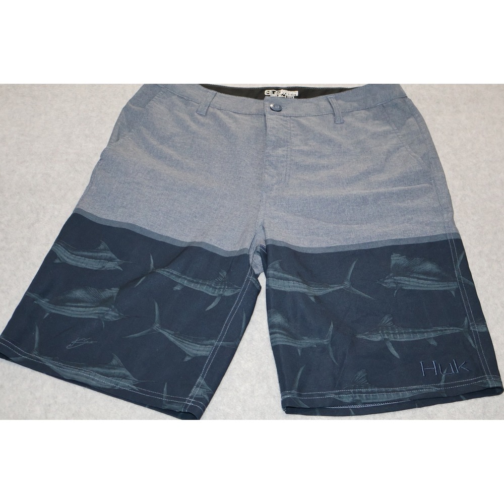 Huk Fishing Shorts Men 32 Blue Marlin Graphic Performance Board Shorts